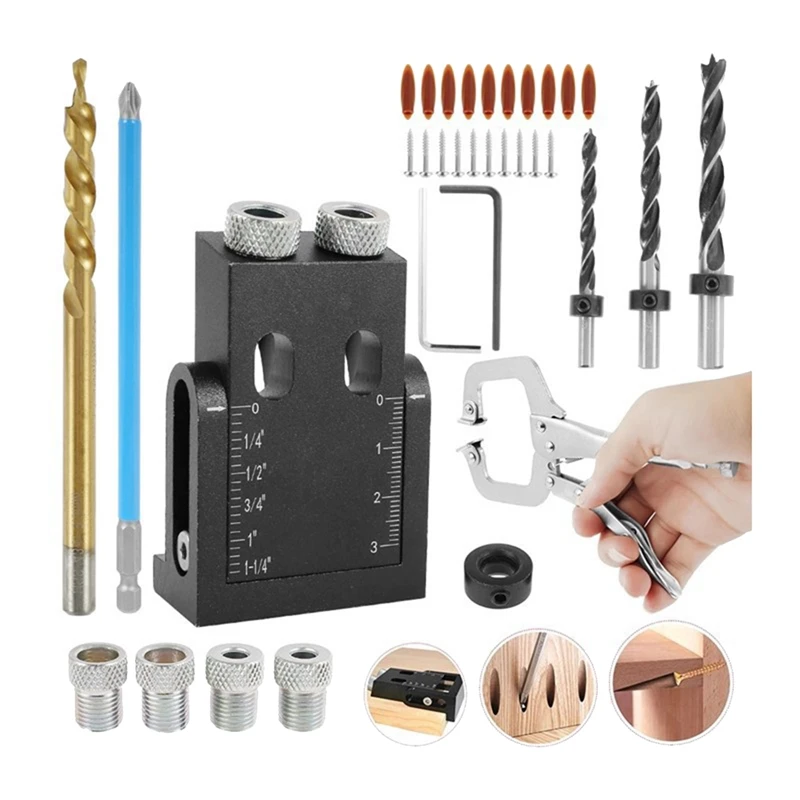 Woodworking Oblique Hole Locator Drill Bits Pocket Hole Jig Kit 15 Degree Angle Drill Set Hole Puncher