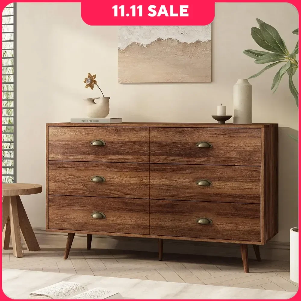 Dressers with Metal Handle, Mid-Century, Walnut Wood Dresser Chest, Storage Cabinet