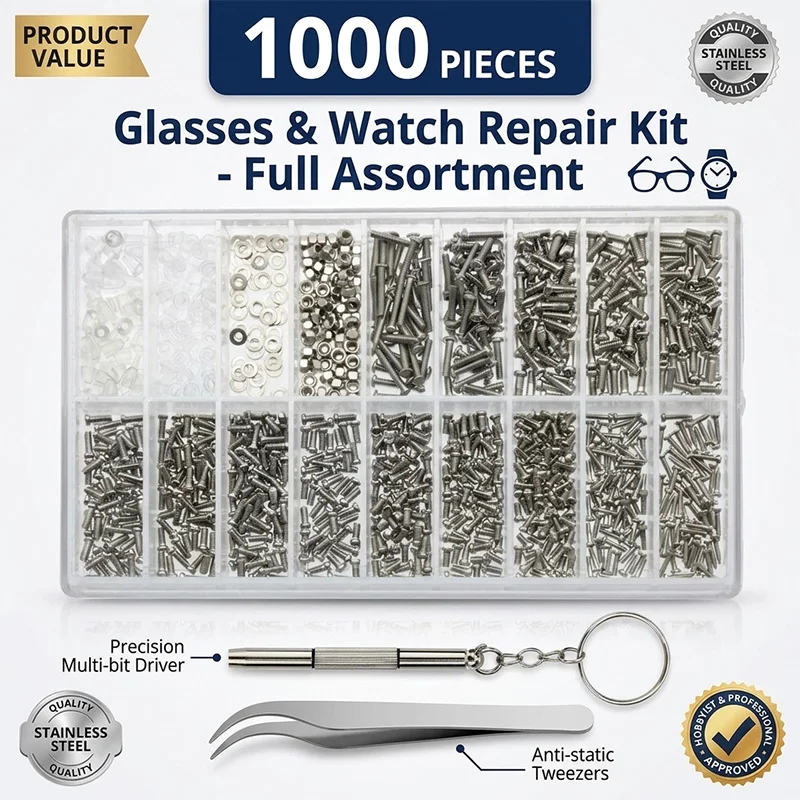 1000Pcs Glasses Repair Kit Precision Screwdriver Set Stainless Steel Tiny Screws Nut Assortment for Sunglasses Watch
