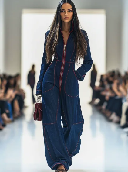 Jumpsuit With Pocket For Woman Spring Autumn Fashion Solid V-neck Half-open Collar One-piece Pants Lady Foreign Style Jumpsuits