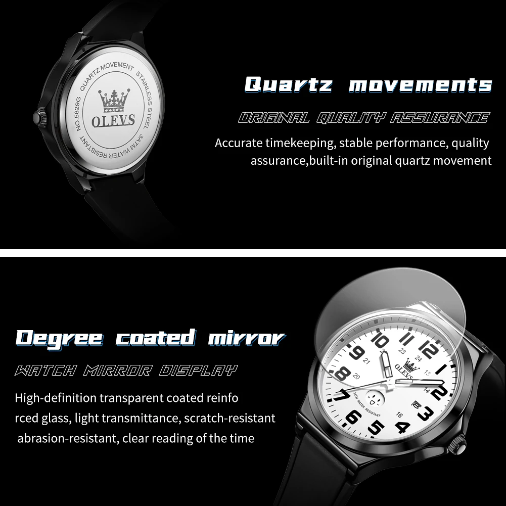 OLEVS 5629 Men's watch Original Fashion Quartz Watch Silicone Strap Waterproof Luminous Day Date Men's wristwatch