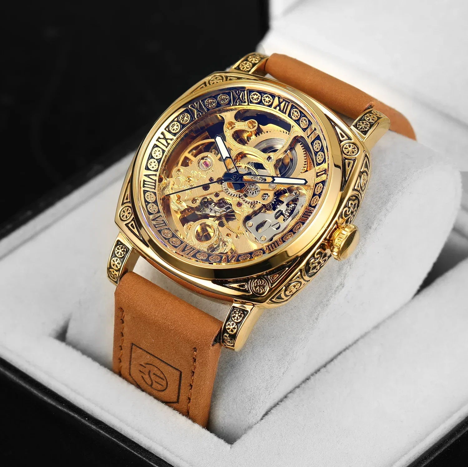 Forsining Gold Vintage Skeleton Mechanical Watches for Men Luxury Brand Square Engraved Automatic Watch Genuine Leather Strap