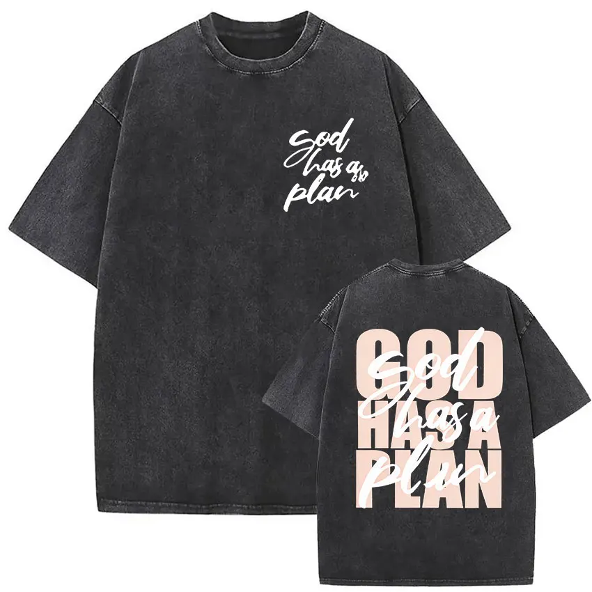 God Has A Plan Bible Verse Christian Vintage Washed T Shirts Men Women Aesthetic Fashion Cotton Short Sleeve T-shirt Streetwear