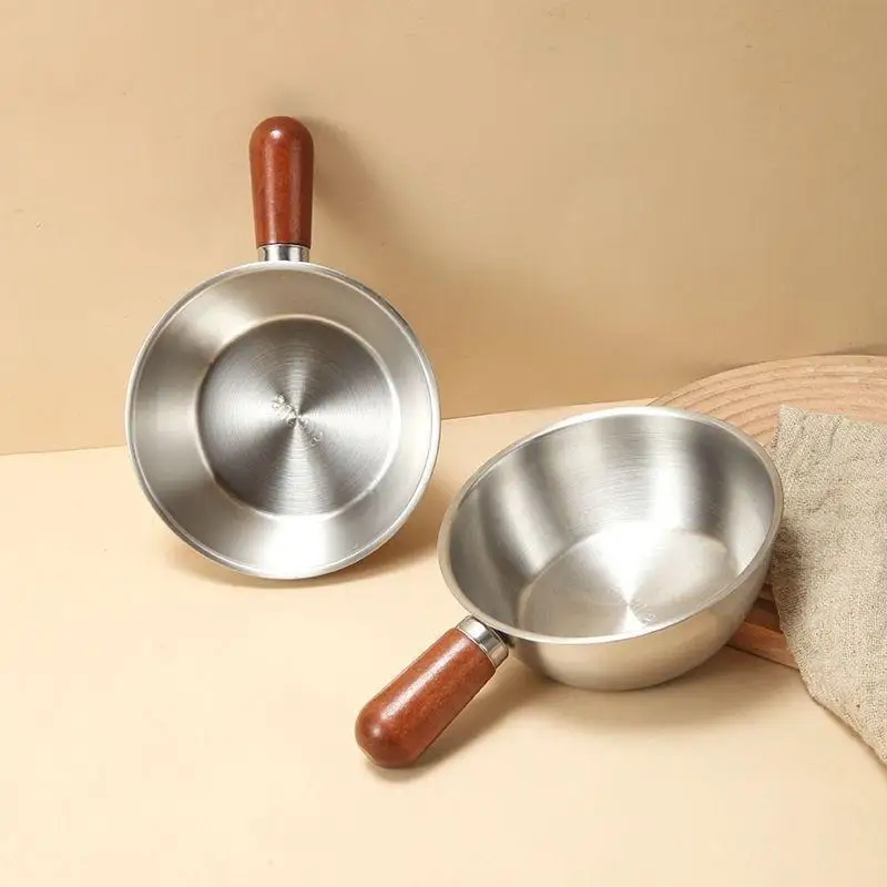 Single-person Pot Stainless Steel Bowl Walnut Wood Handle Fruit Salad Yogurt Bowl Breakfast Cooking Tool Kitchen Restaurant