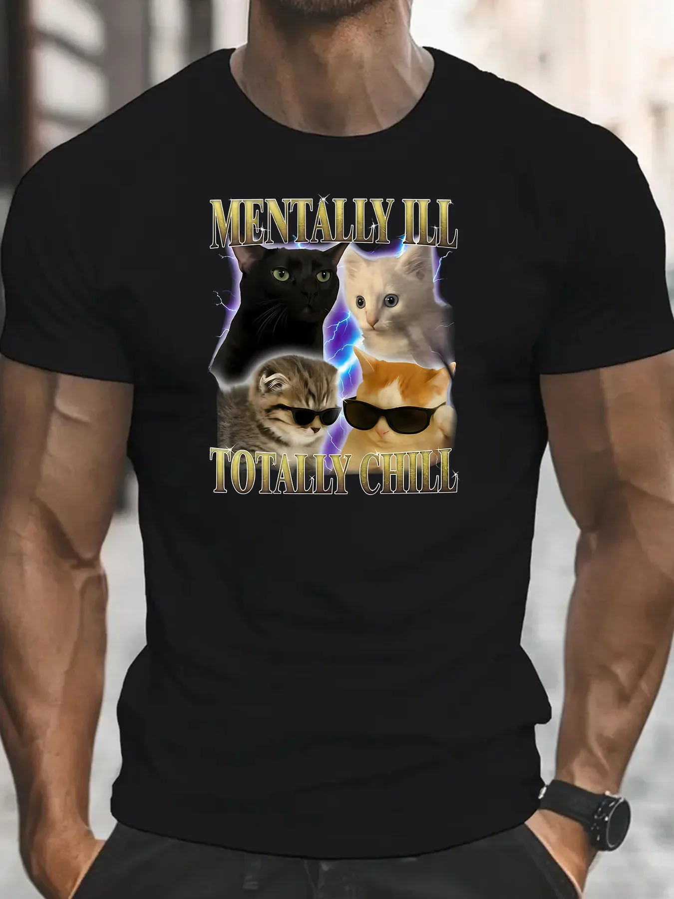 Funny Mentally Ill Totally Chill Cats Meme T-Shirt Retro Four Kitten Lightning Graphic Short Sleeve Crew Neck Casual Tops