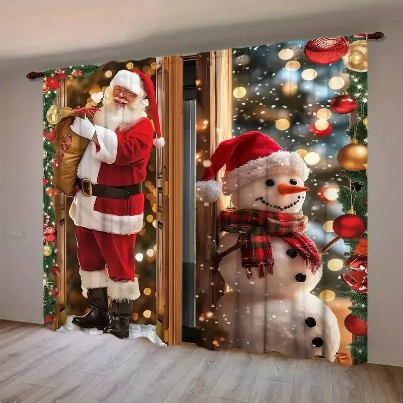 2PCS Christmas Curtains Santa Claus Snowman Door Frame Fairy Light Digital Print Drapes for Living Room Bedroom Holiday Decor