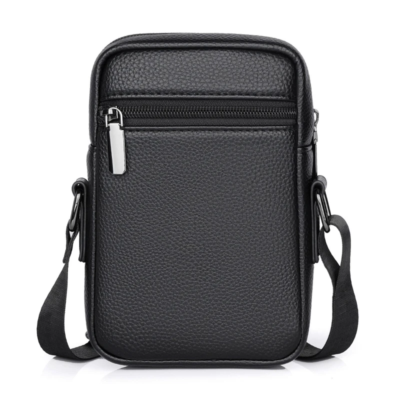 Men's Black Pebbled Leather Mini Crossbody Bag with Silver Zipper Pulls and Embossed Logo Casual Phone Pouch for Travel Work