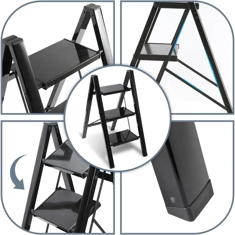 Lightweight 2-Step Folding Ladder with Non-Slip and Load-Bearing Capacity up to 150 kg, Black for Kitchen and Household Use image 5