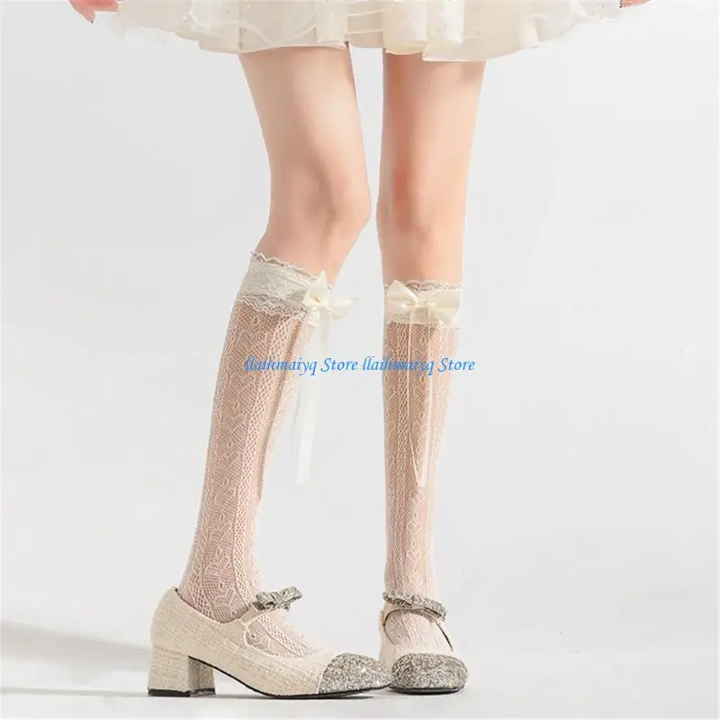 

573B Women JK Ruffle Lace Trim Over Calf Socks Ribbon Bowknot Long Socks