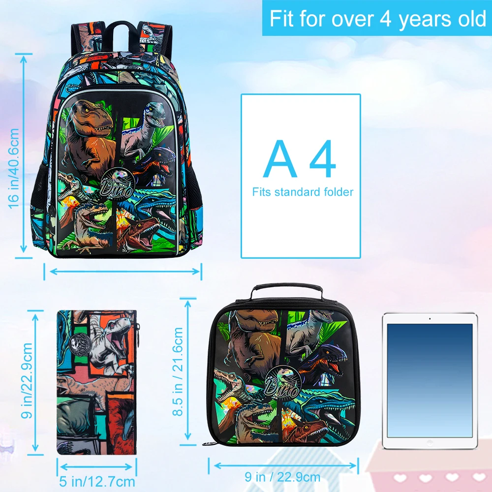 Zaino da 3 pezzi per ragazzi, zaini per libri in età prescolare con dinosauro da 16 pollici, zaini per la scuola materna elementare