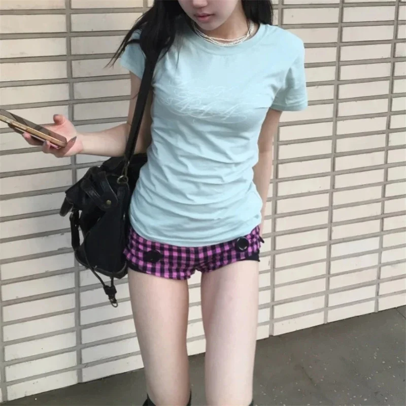Y2k Women's Clothing Summer New Pure Desire Spicy Girl Mint Green Cross Lace Splicing Short Sleeved T-shirt Women Look Slim Ins