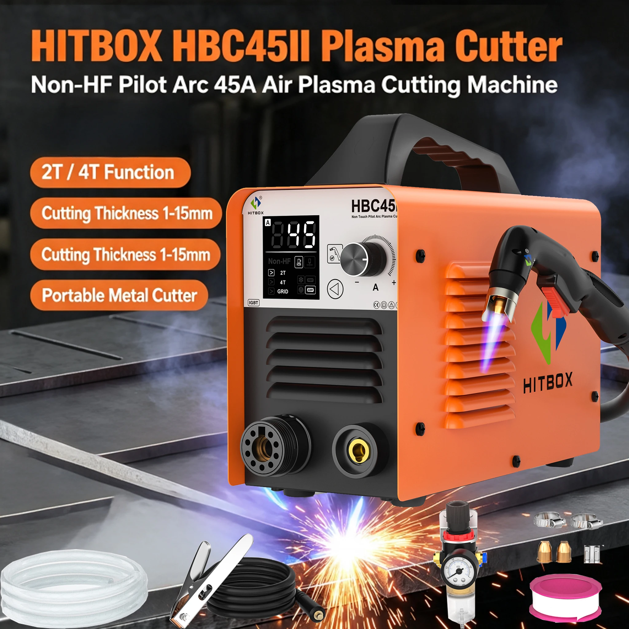 HITBOX HBC45II Non HF Pilot Arc Plasma Cutter 45A Dual Voltage 110V/220V 2T/4T Grid Cutting IGBT Portable Plasma Cutting Machine Cut Clean Cut Metal Cutter Complete Kit