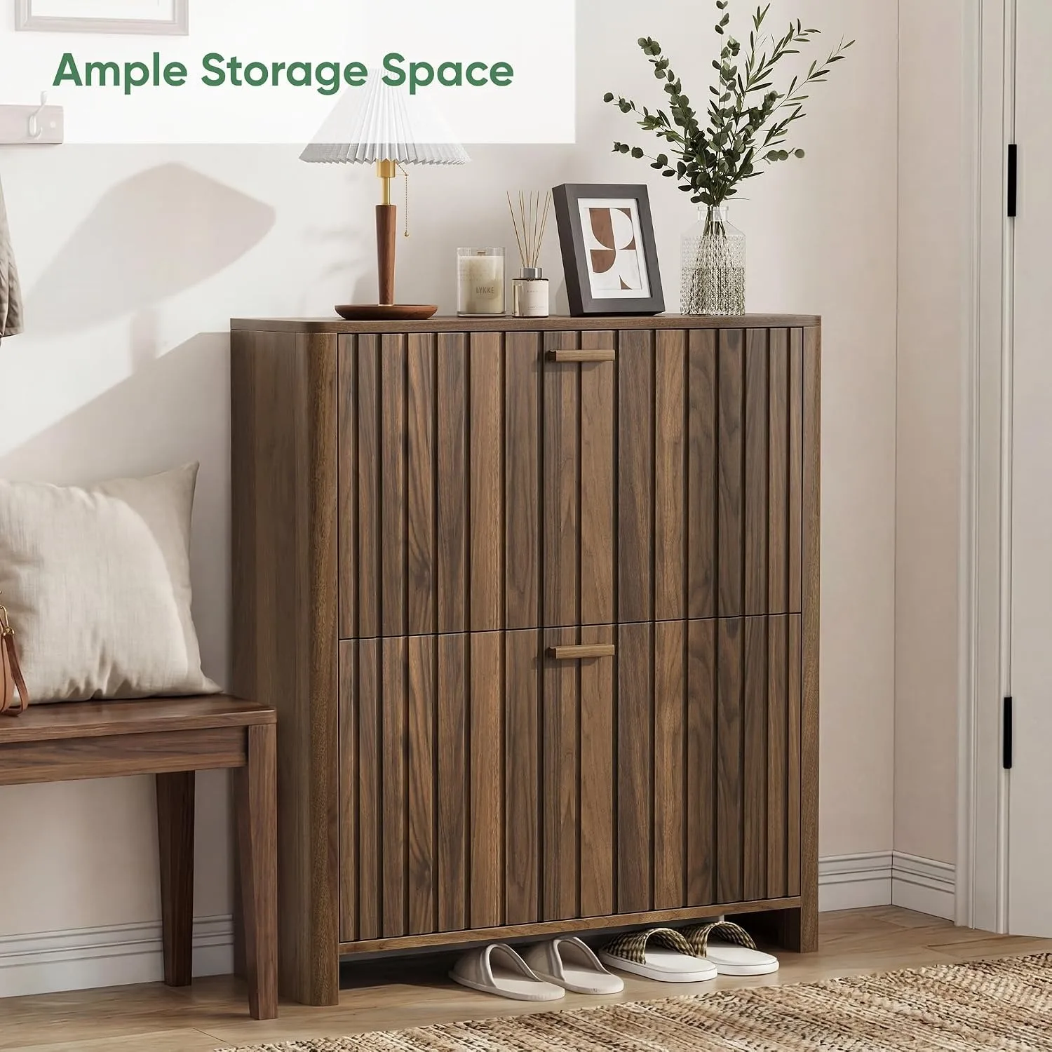Slim Walnut Gradient Fluted Shoe Cabinet,Flip Doors & Metal Legs Hidden Entryway Storage Organizer, Custom