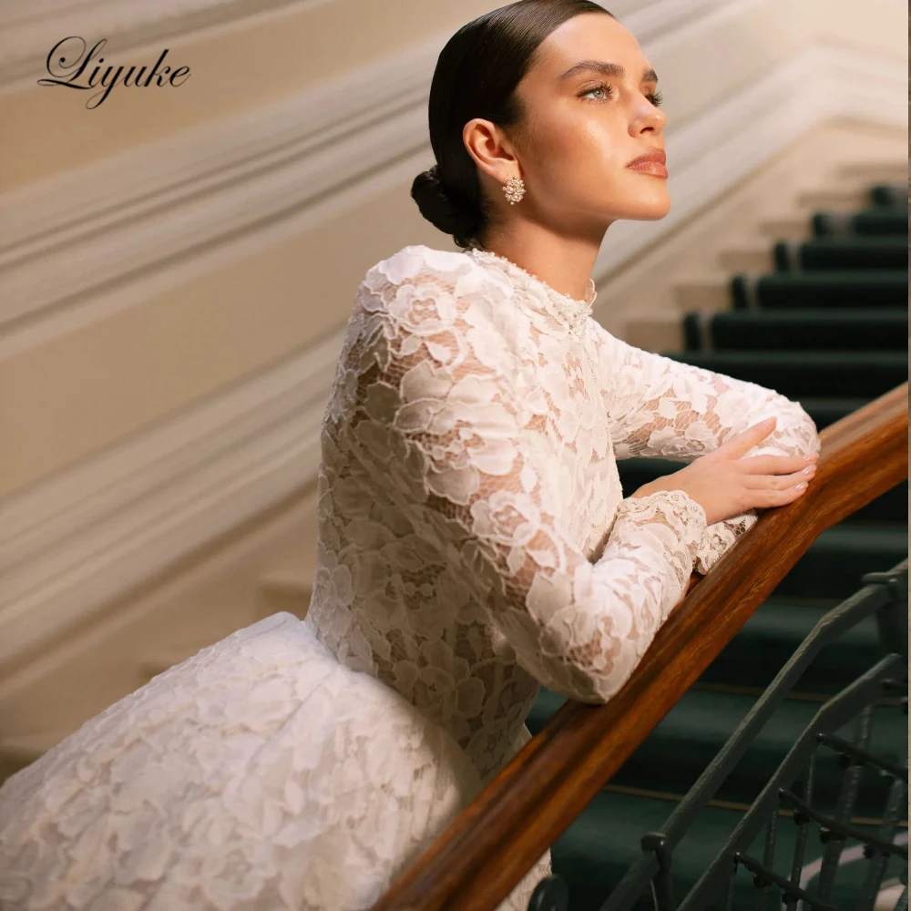 Liyuke Custom Made Muslin Style Full Lace A-line Wedding Dress Vintage High Collar Full Sleeves Bridal Gowns