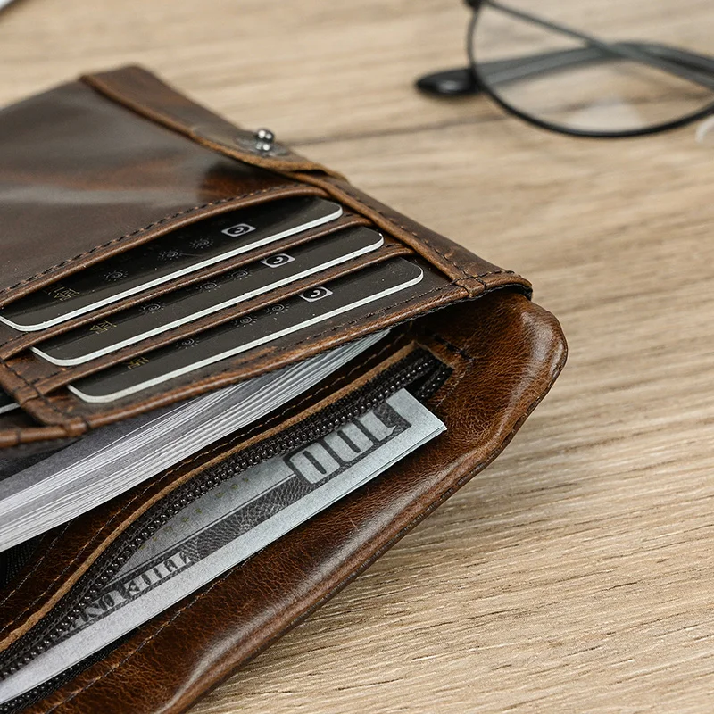 Luufan Leather Men‘s Short Wallet Hasp Genuine Leather Unisex Zipper Coin Clutch Purse Cowhide Card Holder Trifold Man wallets