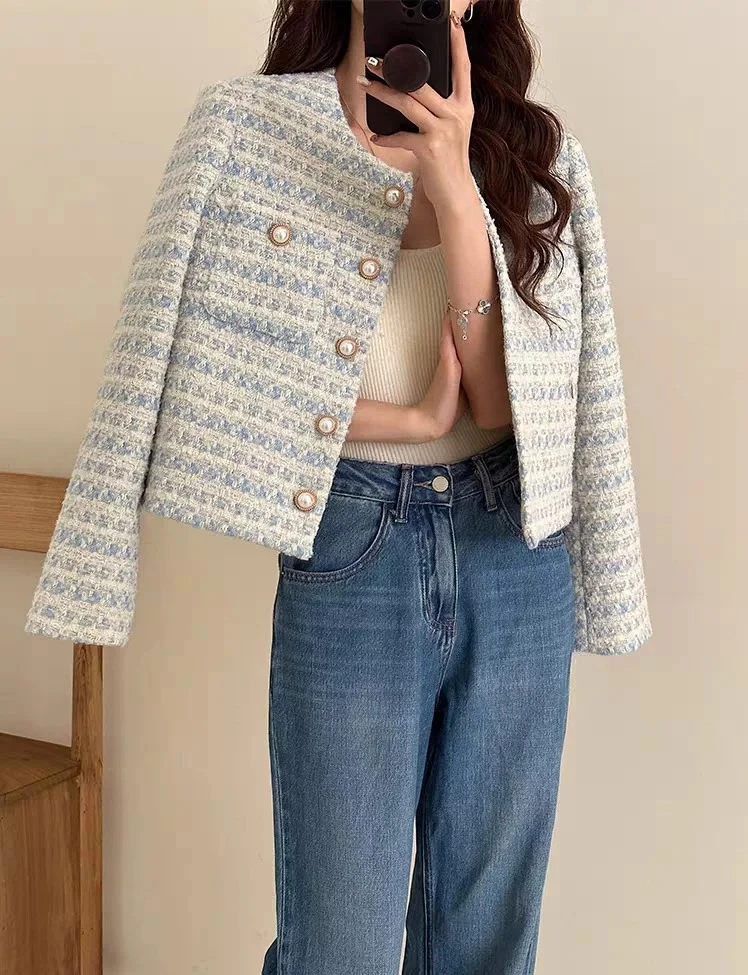 

Autumn Winter Women Elegant Tweed Cardigan Short Coat With Pocket Single Breasted Jacket For Women Loose Outwear