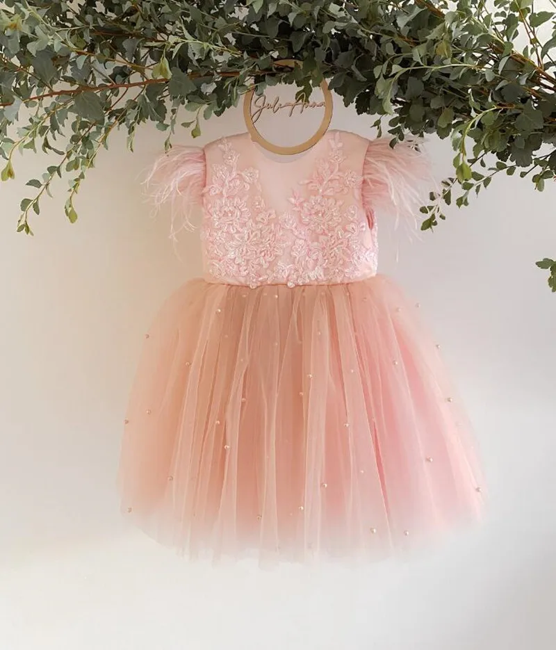 Fluffy Handmade Baby Girl Dress with Pearls Big Bow Flower Girl Dress Infant Tutu Outfit Kid Birthday Christmas Gown