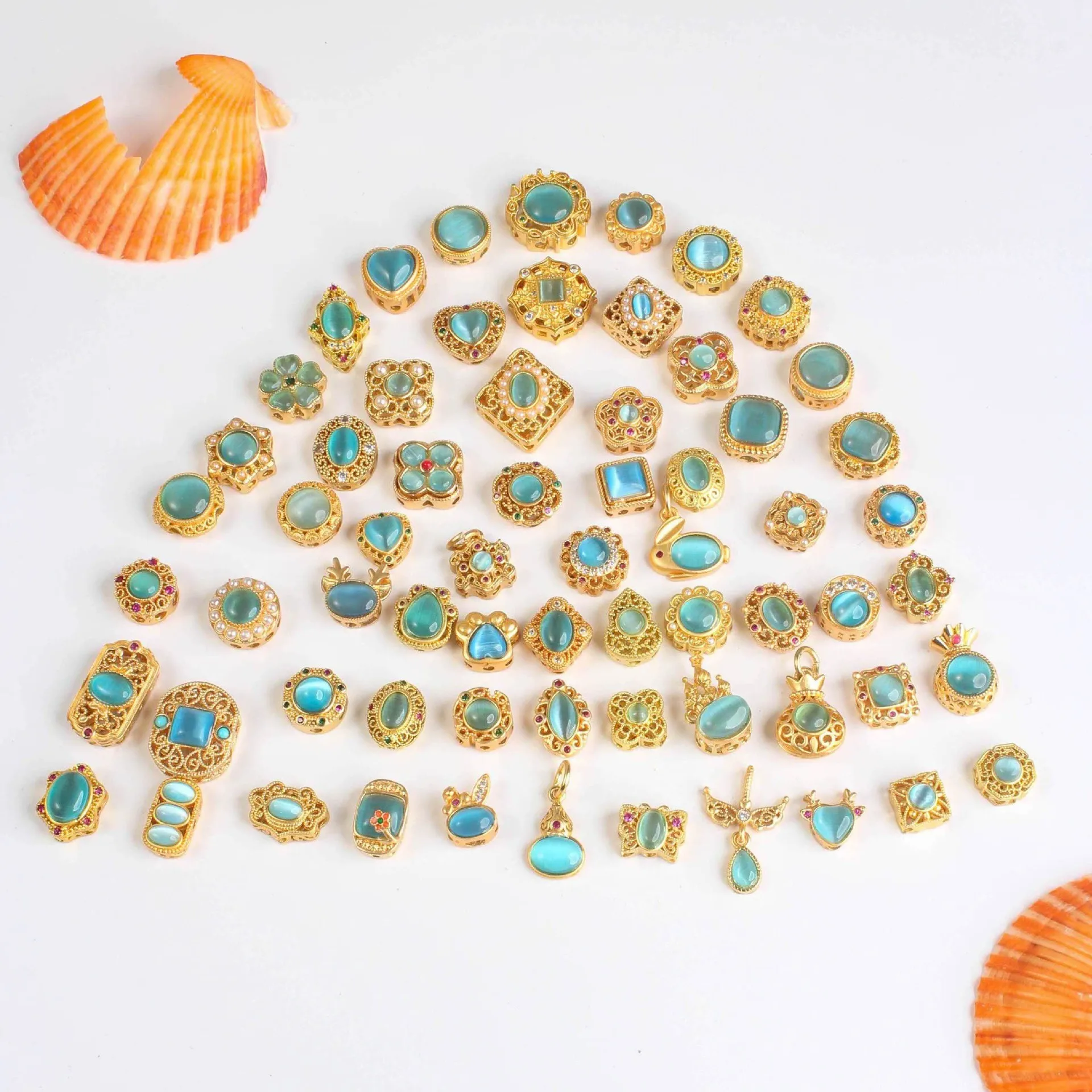 10 Pieces Inlaid with Blue Cat Eye Gemstone Bead Accessories DIY Handmade Bracelet Necklace Jewelry Beading Materials Wholesale