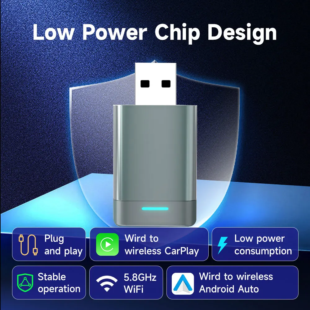 Ulepszony adapter CarPlay z aluminium, bezprzewodowy konwerter CarPlay Android Auto 2w1, zastępuje kabel do transmisji danych przez adapter CarPlay.