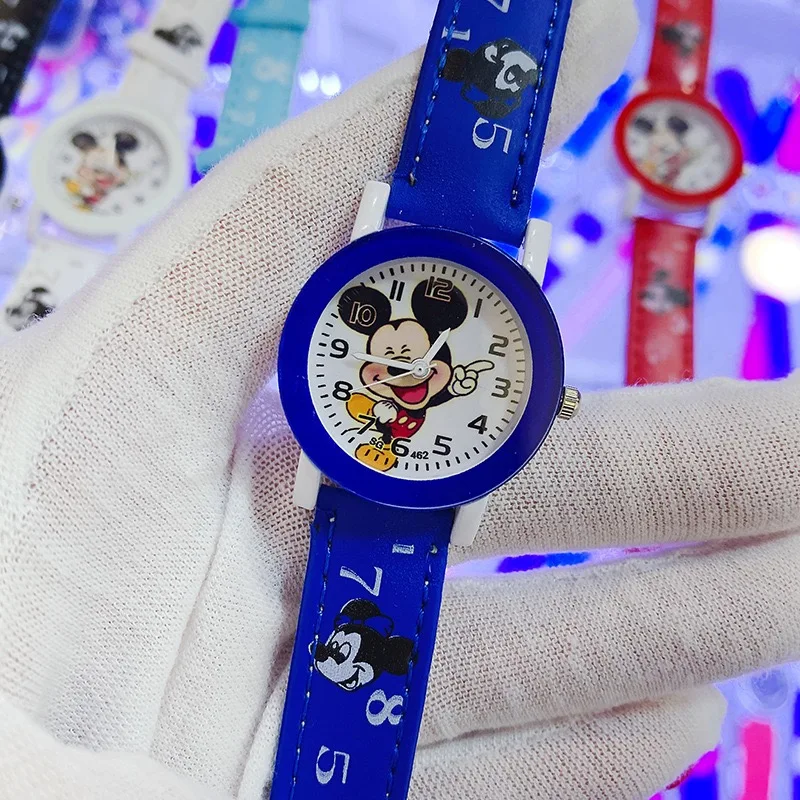 Детские часы с изображением Микки Диснея, кожаный ремешок, кварцевые часы для мальчиков и девочек, студенческие часы, праздничный подарок