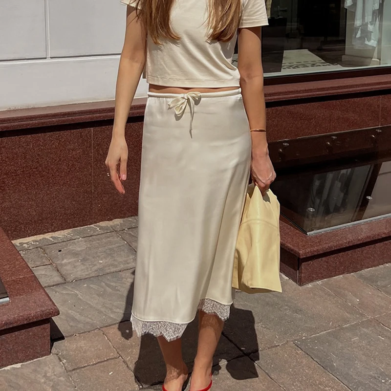 Talenza Lace Border Skirt Women's Fashion Lace Up High Waist Solid Patchwork Skirt Summer Female Office Lady Elegant Chic Skirts