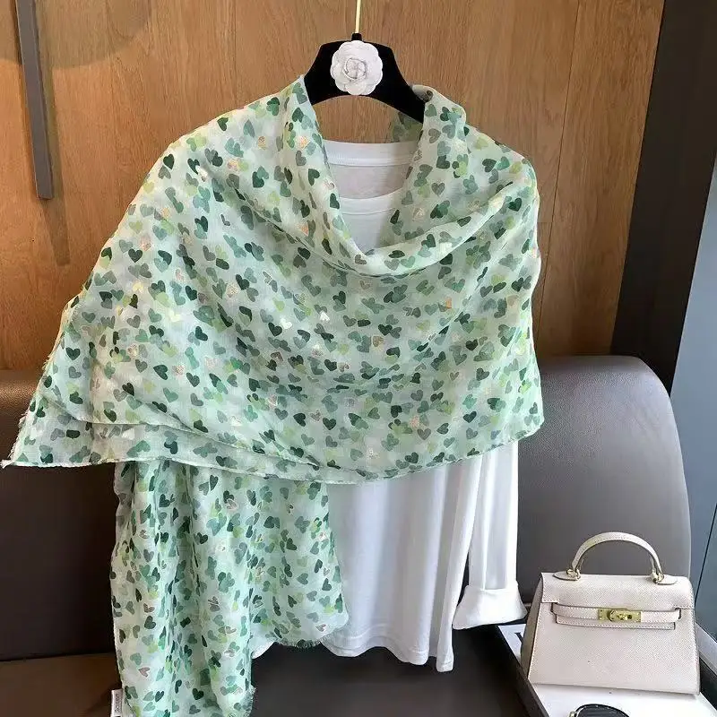 Women Spring Summer New Thin Cotton Linen Scarf, Heart‑Shaped Fringe Gold Foil Print Sun Protection Beach Shawl