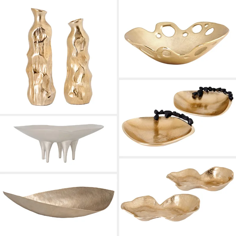 European light luxury aluminum color special-shaped vase irregular tray ornament porch flower ware decorative fruit plate