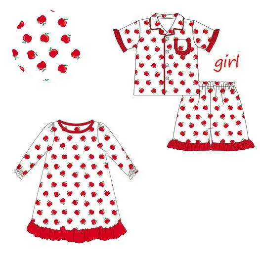 New Back to School Boutique Children Set Short Sleeve Lace Pocket Lace Apple Print Shorts Lace Pajamas Girls Set Baby Girl Dress