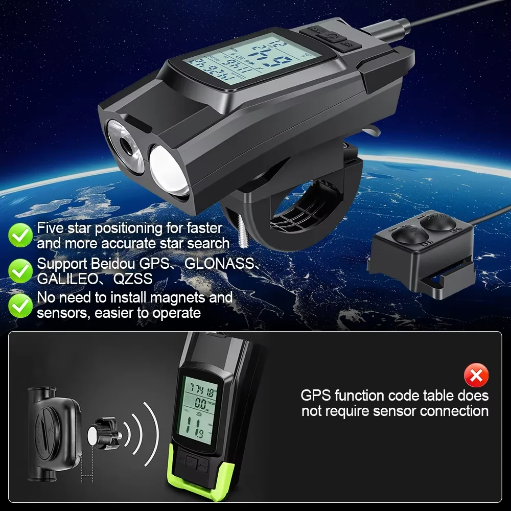 Bike Headlight GPS Speedometer Horn 3 in 1 Multifunctional Rechargeable Bicycle Front Lamp Cycling Computer MTB Bike Accessories