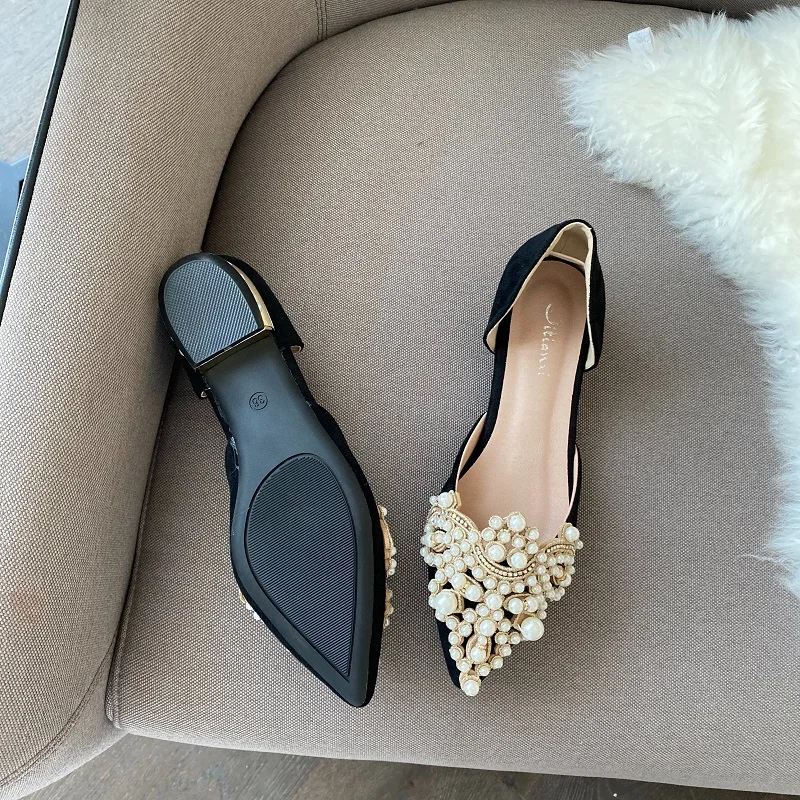 New 2022 Trend Pearl Ballet Flats Women Pumps Floors Shoes Without Heels Loafers Female Dress Moccasins Ladies Luxury Autumn PU