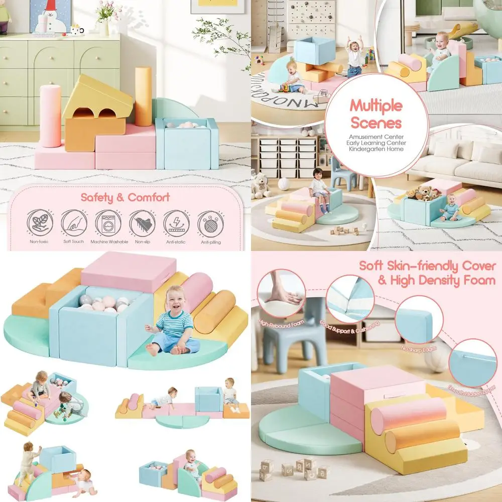 12-teilige Schaumstoff-Kletterblöcke für Kleinkinder mit Bällebad, sicheres weiches Spiel-Fitnessstudio-Set für Kinder, Indoor-Spielplatz zum Krabbeln und Motor S