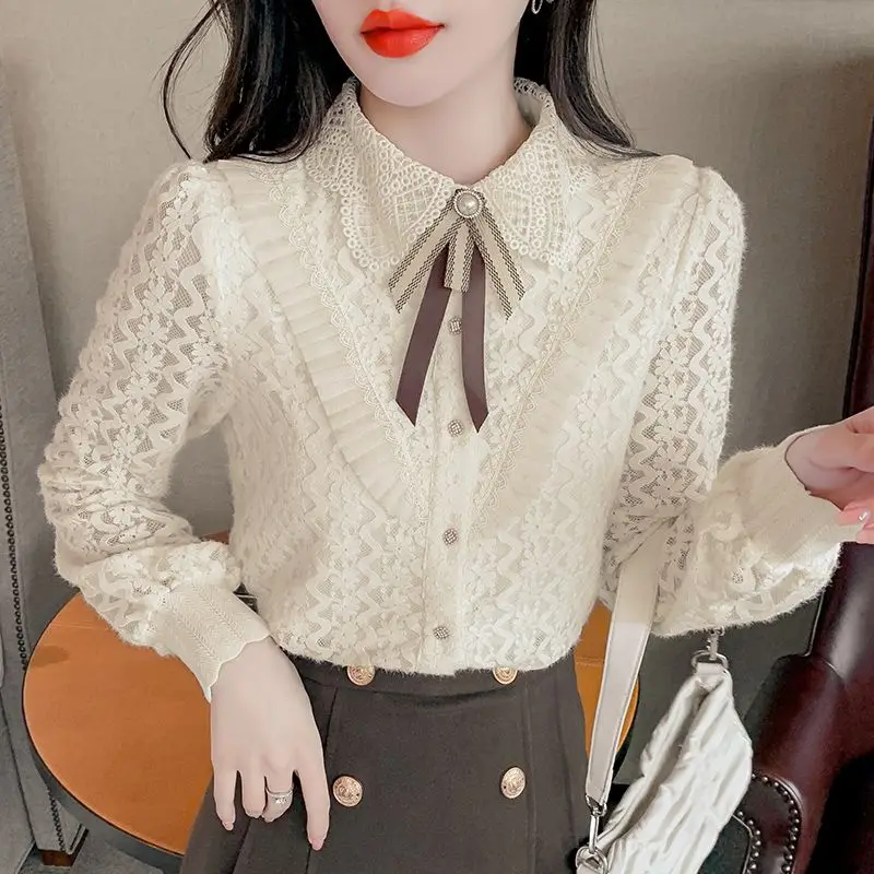 Spring Autumn Lace Patchwork Bottoming Shirt Women New Clothing Fashion Loose Buttons Elegant All-match Long Sleeve Tops Trend
