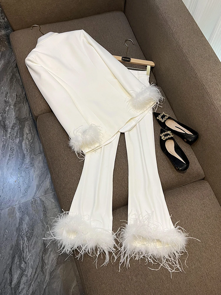 HIGH STREET Newest 2024 Fashion Designer Runway Suit Set Women Ostrich hair Satin patchwork collar Blazer PantsPants Set