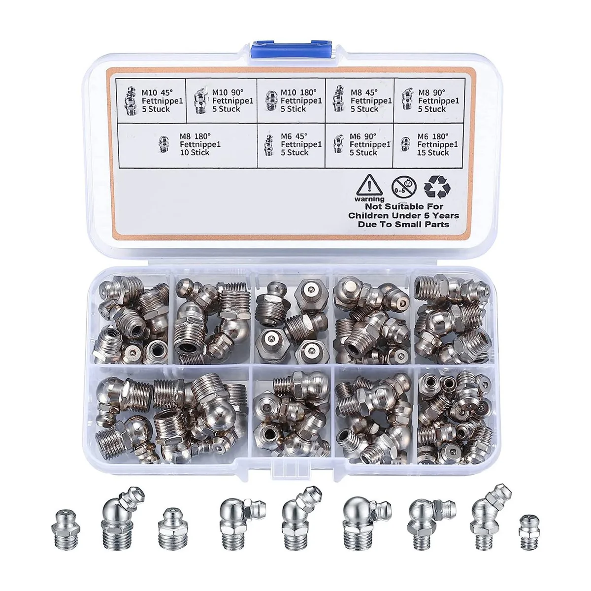 

60Pcs Metric Grease Fittings Kit, M6 M8 M10 45 90 Degree Hydraulic Grease Zerk Assortment for Angled Grease Mechanical