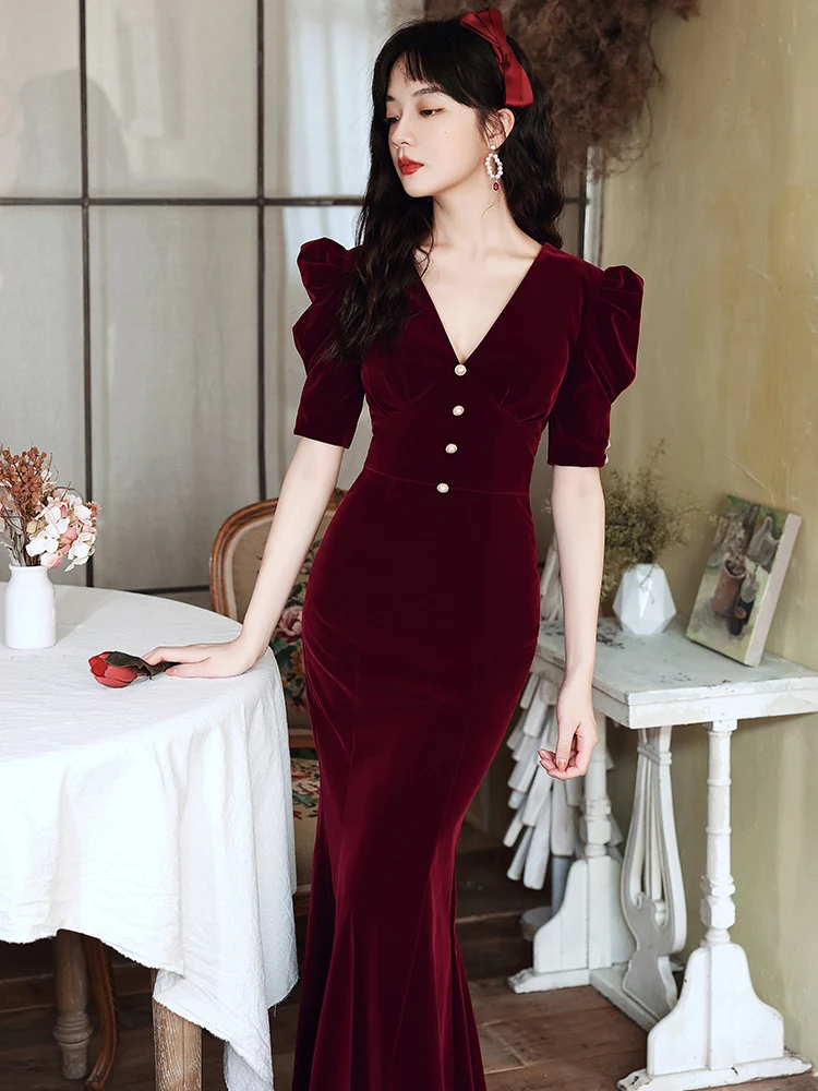 

Red Velvet Fi Tail Wedding Dr Long V Ne Slimming Evening Gown Winter Faionable Women's Clothing Evening Gown