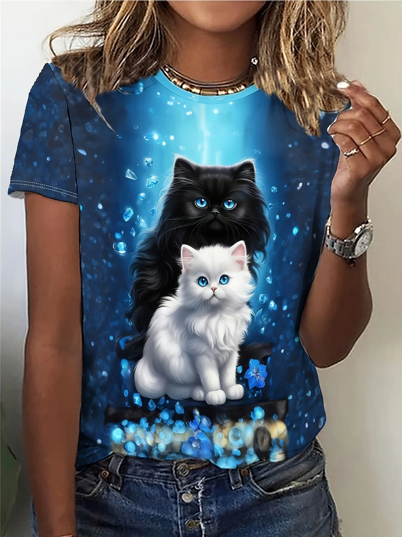 

2024 T-shirt For Women Couple Cat Printed Summer Oversized T-Shirts Korean Popular Clothes Women Clothing Short Sleeve Blouse