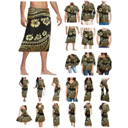 Polynesian Tonga Hawaii Fiji Guam Samoa Pohnpei Tribal Tattoo Prints Clothe Women Dress Matching Men Shirt Hibiscus Lover Clothe