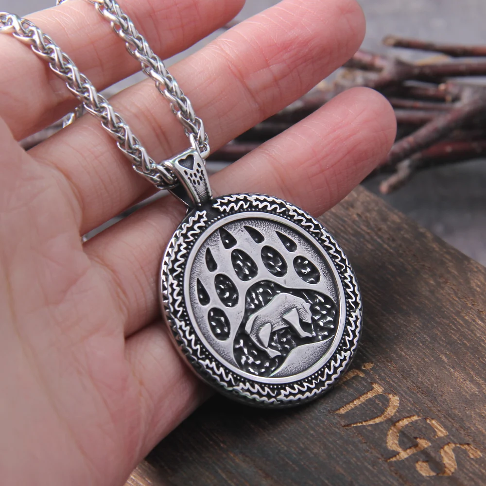 Never Fade Vintage Men's Stainless steel Viking Norse Bear Paw and head Animal Pendant Necklace Fashion Party Jewelry Gifts