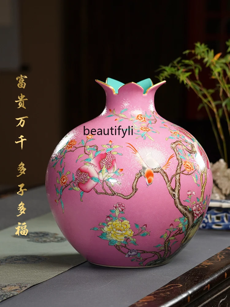 JingdezhenCeramic Vase HandDrawnFlowers and Birds Pattern PomegranateBottle Chinese Style Ornament Decoration Office Living Room