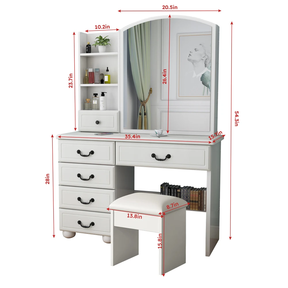 Orraves Fashion Vanity Desk with Mirror and Lights for Makeup, Vanity Mirror with Lights and Table Set with 3 Color Lighting Brightness Adjustable, 6 Drawers, White Color