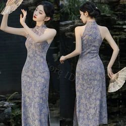 Purple Print Cheongsams Sexy Sleeveless Qipao New Chinese Style Dress Female Spring Summer Vestidos Elegant Qipaos Costume