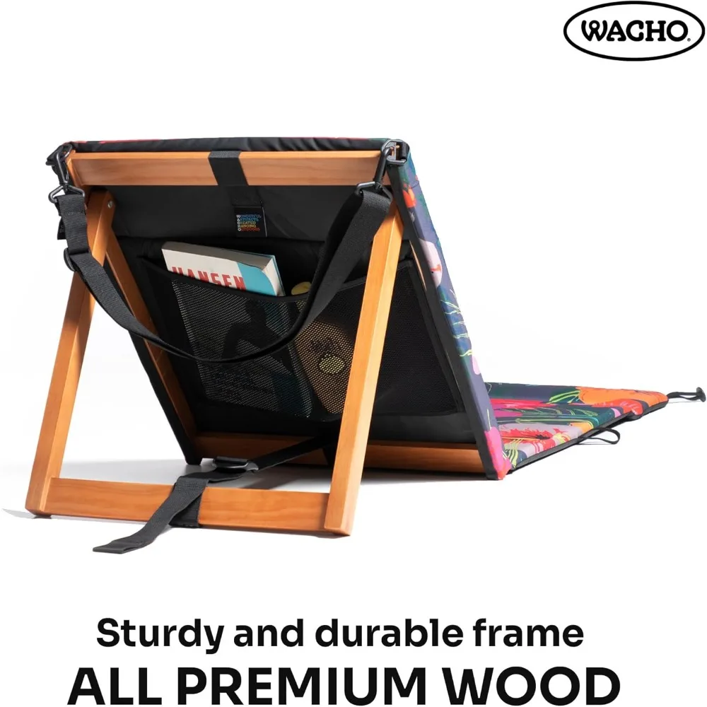 Sedia da spiaggia pieghevole da esterno Wacho: ultraleggera reclinabile con schienale in legno regolabile, imbottitura in schiuma e riciclo resistente all'acqua