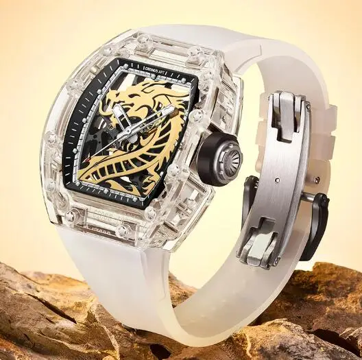 

CRONUSART Мужские автоматические часы 50 мм Tonneau Механические наручные часы Сапфировый корпус Светящийся силиконовый ремешок Скелет Дракон Циферблат