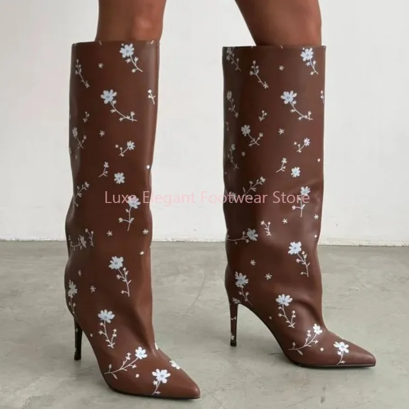 

Brown White Polka Dot Print Pointed Knee High Boots Women Leather Slip On Thin Heel Long Boots Street Style Party Catwalk Shoes