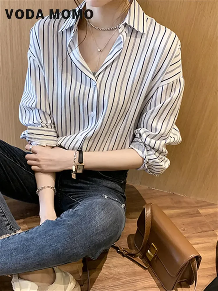 Women Spring Summer Fashion Streetwear Blouse Loose Female Casual Tops Shirt Long Sleeve Button Up Stripes Korean Style College