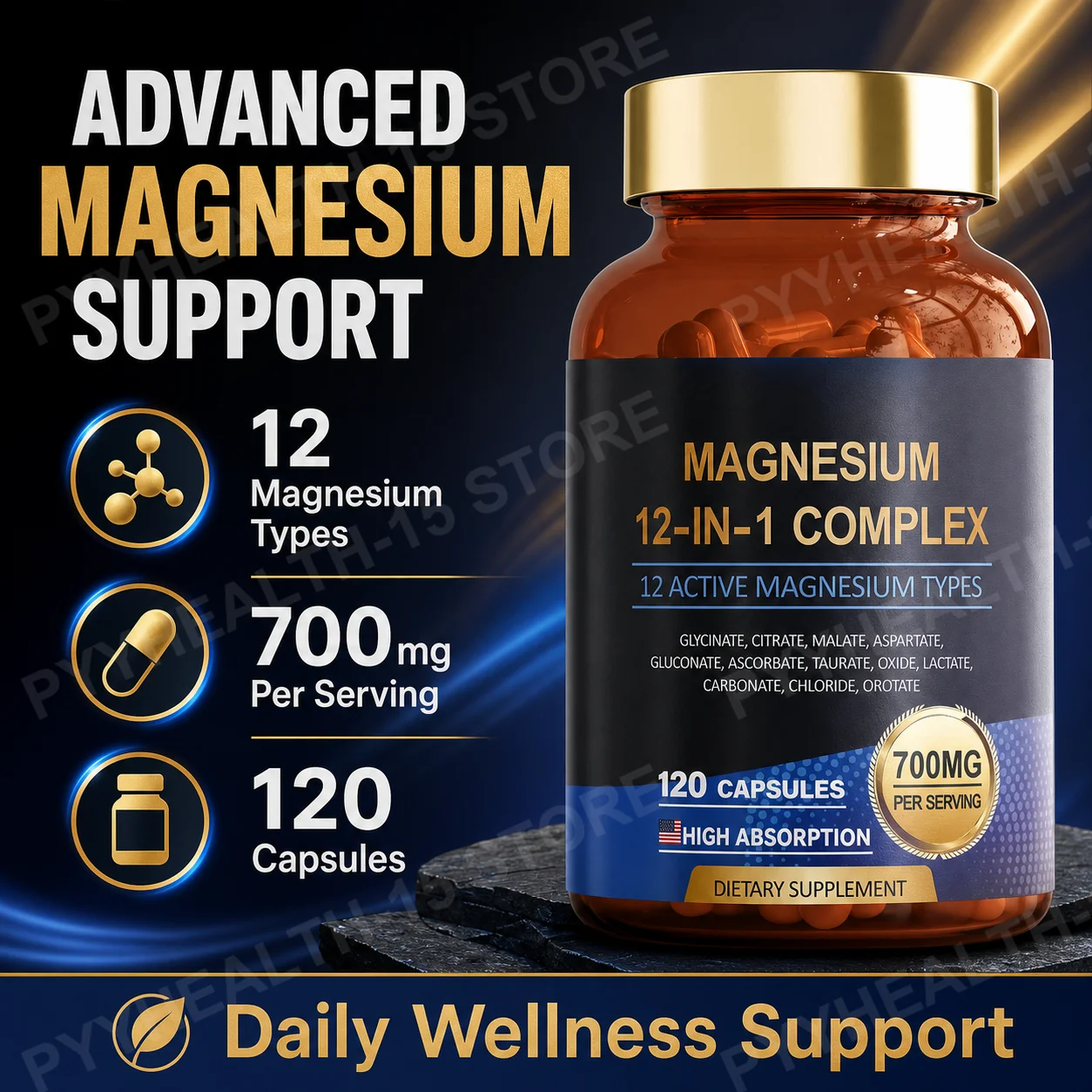 12-in-1 Magnesium Complex 700mg Capsules Glycinate Citrate Malate Taurate Calm Routine Muscle Function Vegan 120 Count Daily Use