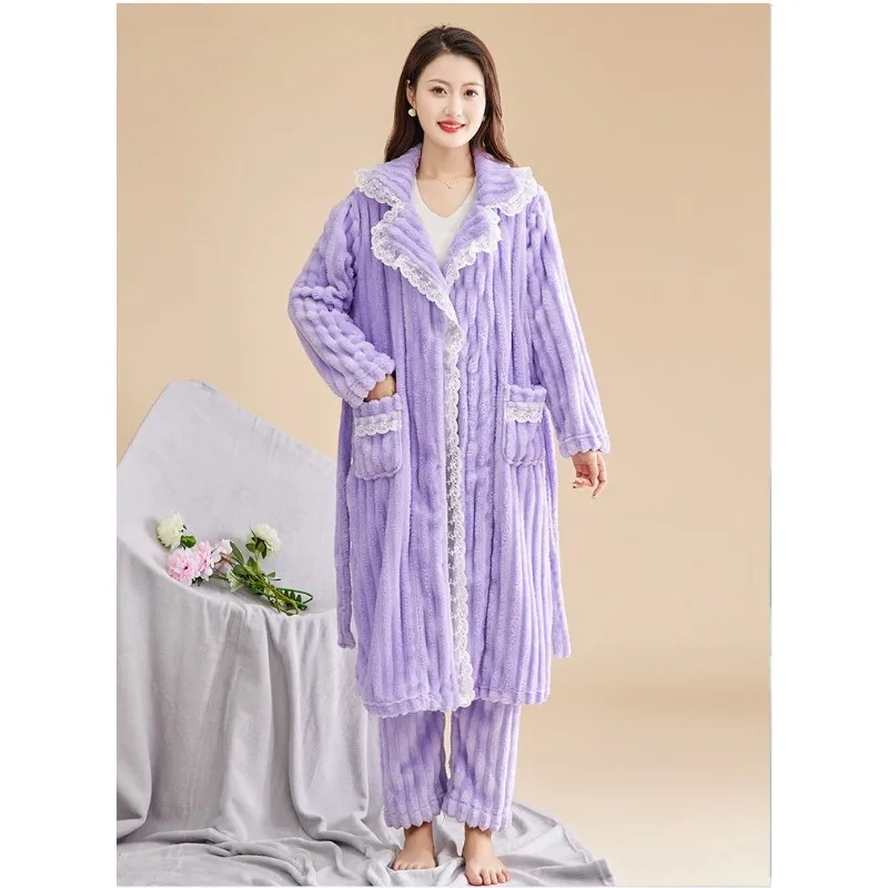 

Coral Fleece Thickening for Warmth Can Worn Outside Loungewear Set Fine Fleece Autumn Winter Ms. Night Gown Bathrobe Long Sleeve