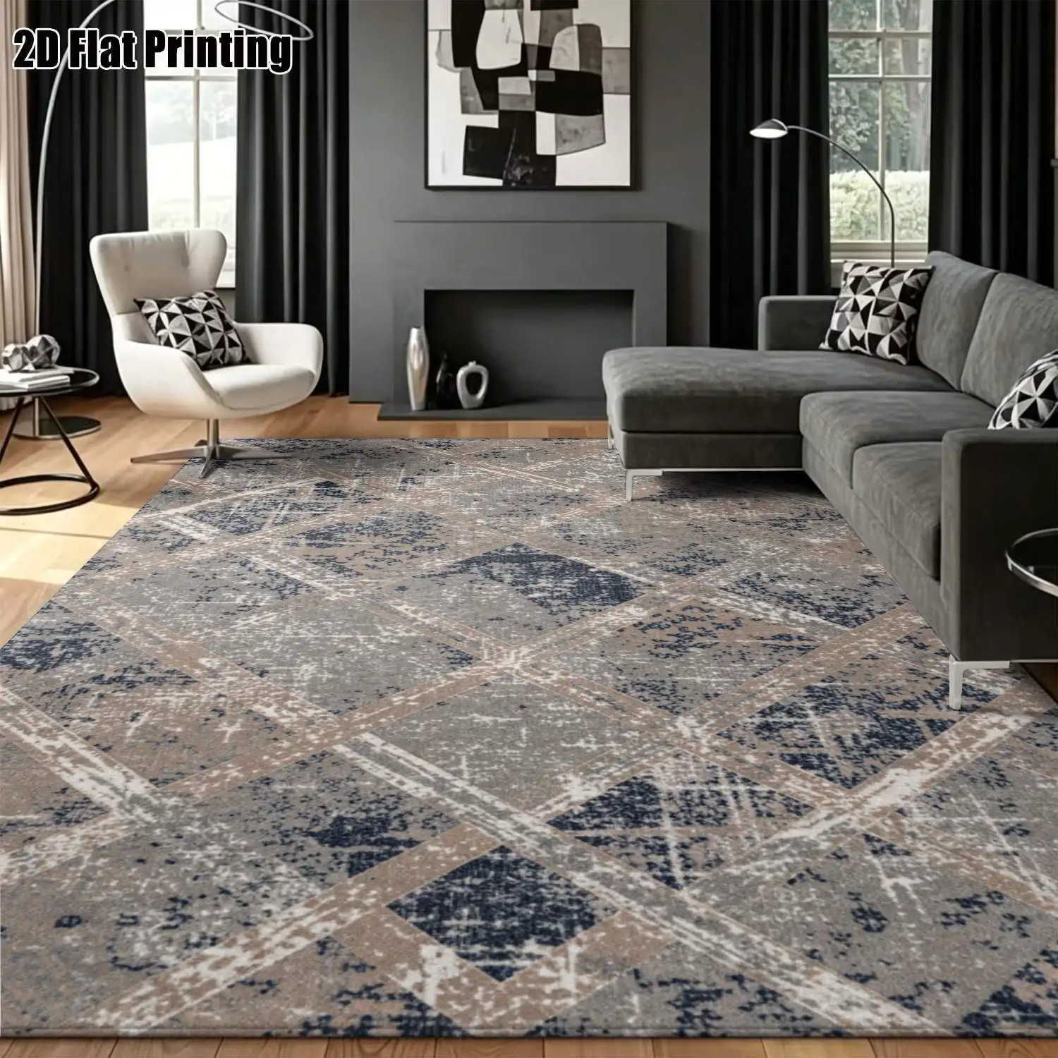 1Pc 2D Printed Retro Blue-Grey Geometric Line Carpet, Nordic/Instagram/Modern Minimalist/European Style, Washable Floor Mat for Entrance, Dining, Foyer, Bedroom, Living Room, Home Decor