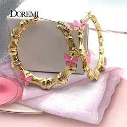 DOREMI Enamel Pink 3 Butterflys Earrings 70mm Hiphop Customize Color Butterfly Hoops Bamboo Style Custom Jewelry for Gifts