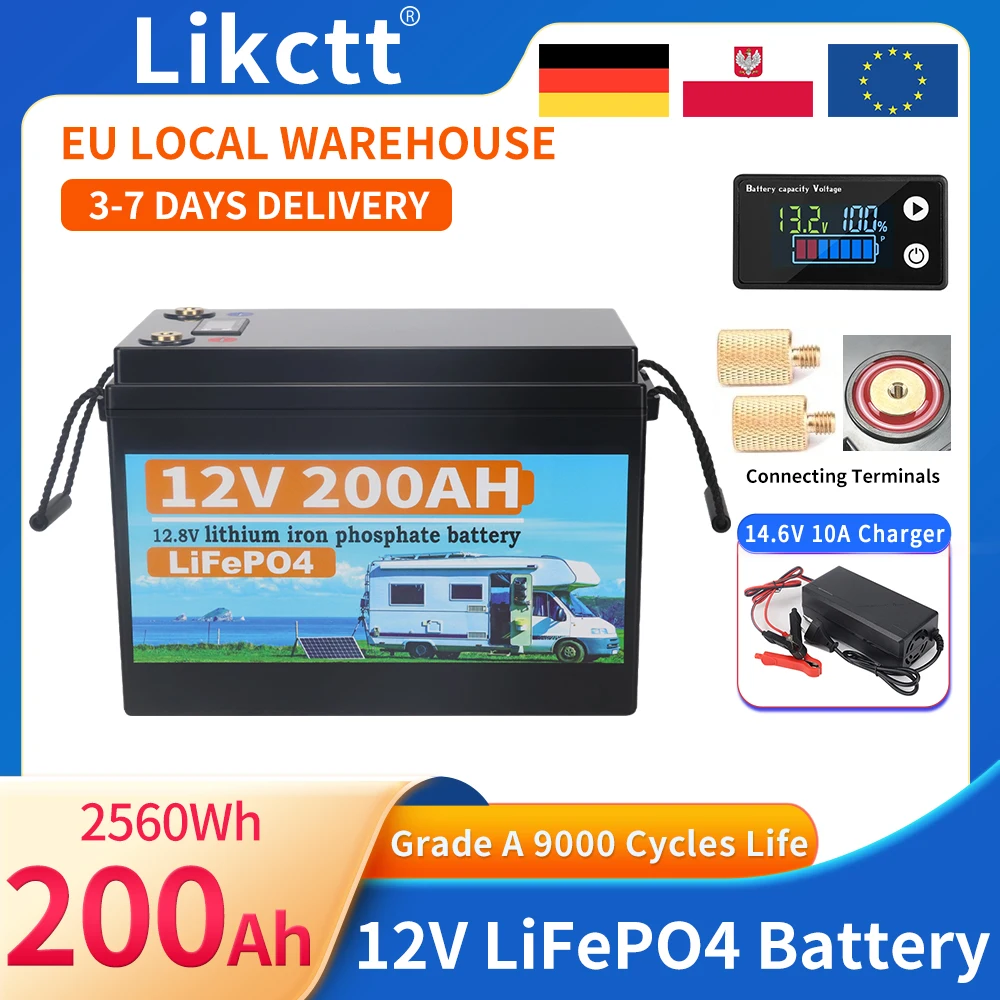 Batterie Lithium fer Phosphate BMS intégrée, cellule LiFePO4 12V, 150ah, 200ah, 9000 Cycles pour camping-car, voiturette de Golf, solaire avec chargeur